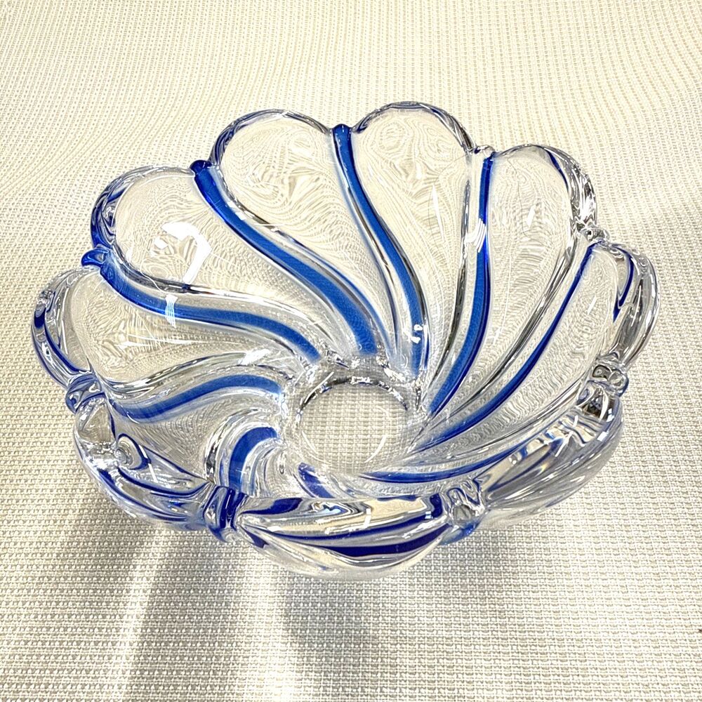 Mikasa Crystal Bowl - Peppermint Swirl Cobalt Blue Scallop Edge - 2.75"T x 5.5"L